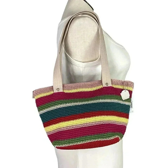 The Sak Mendocino Stripe Crochet Small Double Strap Zip Top Tote Vegan NEW Multi - Picture 4 of 11
